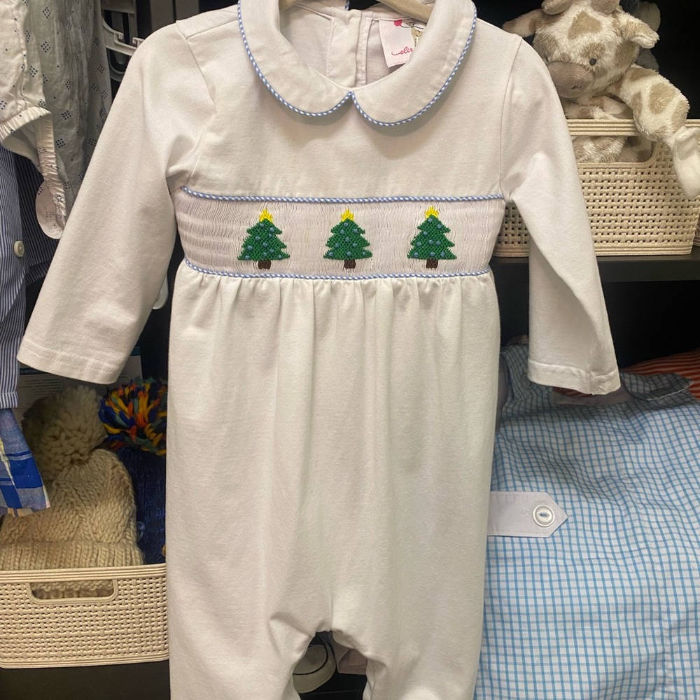 White Baby Romper with Smocked Christmas Tree